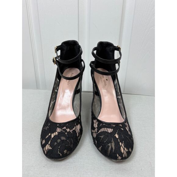 Kate Spade Black Lace Double Strap Chunky Heels - Size 10 - Picture 2 of 11